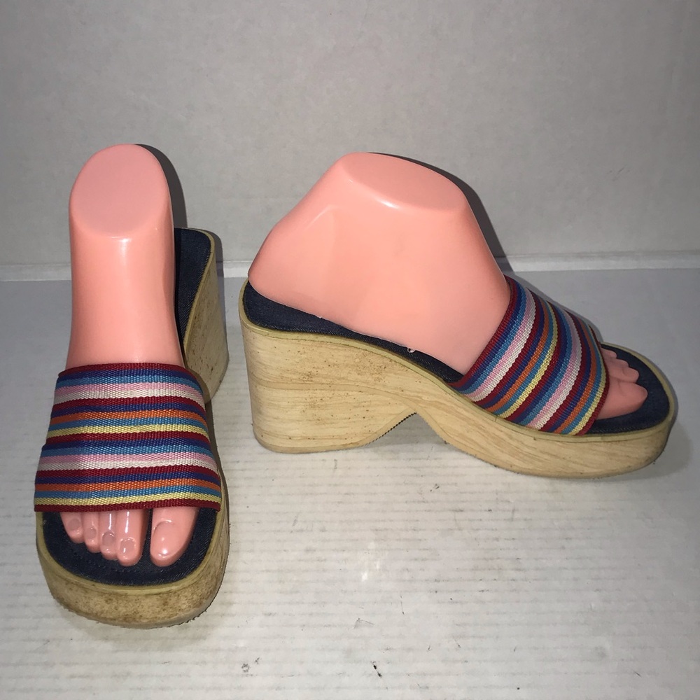 Vtg Y2K No Boundaries Mandy Platform Wedges Sandals Sz 7 Denim Striped Canvas
